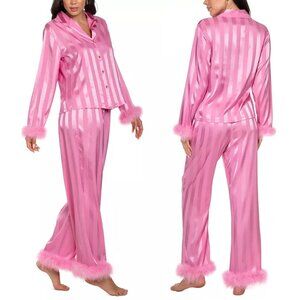 Sz XL new Linea Donatella Women's Feather-Trimmed STRIPED SATIN Pajama Set PINK